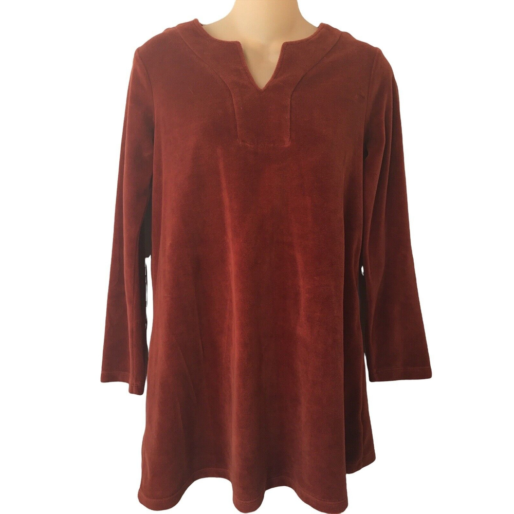 Susan Graver Rust Velvet Velour Tunic Long Sleeve V-neck Size XXS